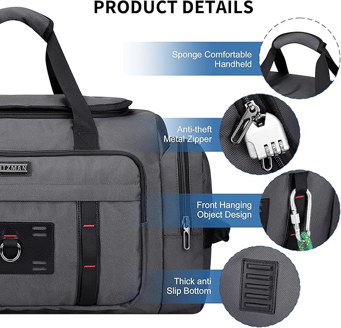 WITZMAN Duffle Bag for Men Large Overnight Carry On Weekender Bag with Shoe Compartment Sports Gym Duffle Bags for Traveling(B719 Silvery Grey)