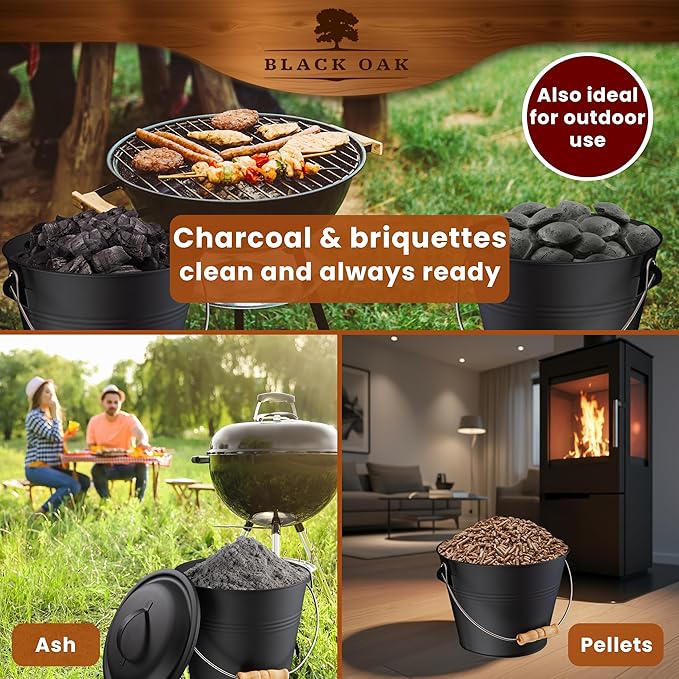 BLACK OAK Ash Bucket Piton 1.5 GAL - Black with lid with Wooden Handle + Brush + Shovel &amp Gloves - 5L Large Steel Fireproof Galvanized &amp Powder-Coated Bucket ash Coal pellets Timeless Design