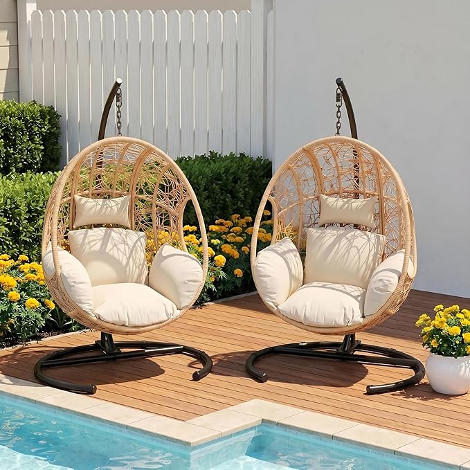 Oversized Hanging Egg Chair Set of 2 Outdoor Indoor Wicker Swing Egg Chair with Stand 400lbs Capacity for Bedroom Patio Garden and Balcony