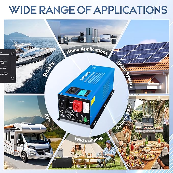 ZLPOWER 3000W 12V Pure Sine Wave Inverter 9000W Surge Single Phase 120V AC Output Off-Grid Low Frequency Inverter with LCD Display &amp Battery Charger for Home RV (LW-3000W-12V-SINGLE)