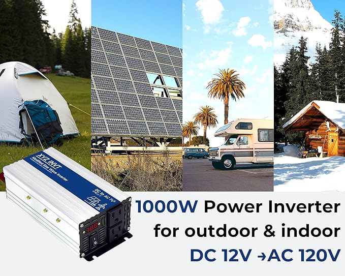 1000W Power Inverter 12V DC to 110V 120V AC Modified Sine Wave Car Power Inverter with 2 AC Outlets and LED Display for Vehicles Truck RV Home Emergency Camping Off-Grid Over 90% Efficiency