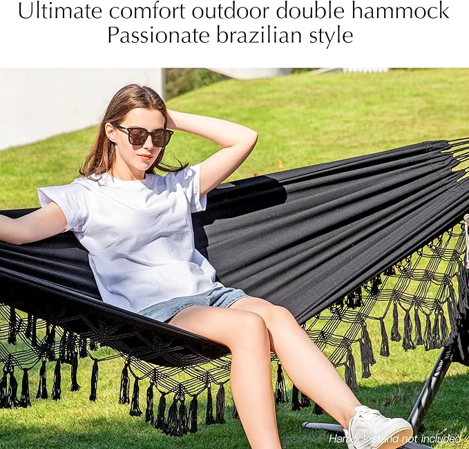 PNAEUT Double Hammocks for Outside Replacement 2 Person Outdoor Tree Hammock for Indoor Patio Porch Garden (Tassel Black Medium)