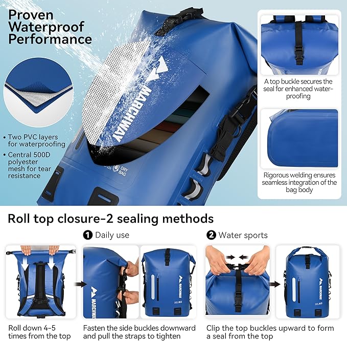 MARCHWAY Roll Top Waterproof Backpack Floating Dry Bag 20L/30L/45L with Ergonomic Rectangular Base Cushioned Back Hip Strap for Hiking Camping Kayaking Travel (Blue 20L)