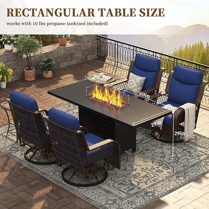 PIZZELLO 60 Inch Propane Firepit Table - Outdoor Rectangular Aluminum Fire Table w/Wind Guard - 50000 BTU Gas Fire Pit with Glass Beads and Waterproof Cover