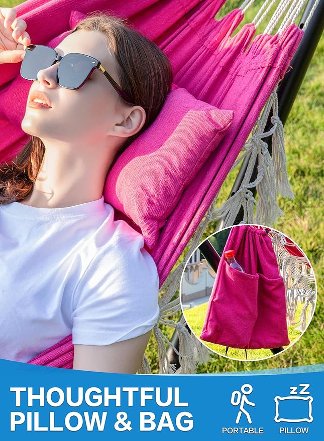 PNAEUT Handmade Tassel Hammocks Double Hammock with Stand for Outside Max 450 lbs Capacity Pillow &amp Storage Bag Included (Pink)