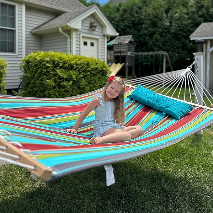Lazy Daze Hammocks 12 FT Quilted Fabric Double Hammock with Spreader Bars and Detachable Pillow 450lbs Weight Capacity