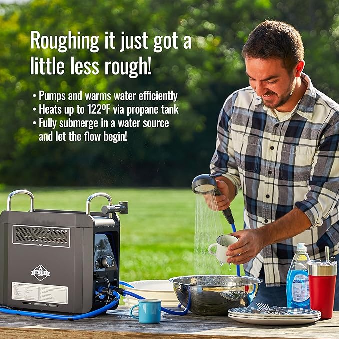 Hike Crew Propane Water Heater &amp Shower Pump | Rechargeable Portable Outdoor Water System w/Shower Head Attachment for Instant Hot Water While Camping Hiking Glamping &amp Vacationing