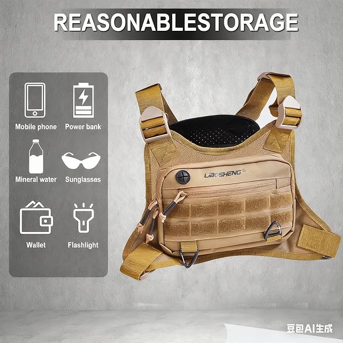 Multipurpose Outdoor Sports Chest Bag Tactical Vests for Men/Women -EDC Travel Chest Pack for Running Hikingcycling (Khaki)