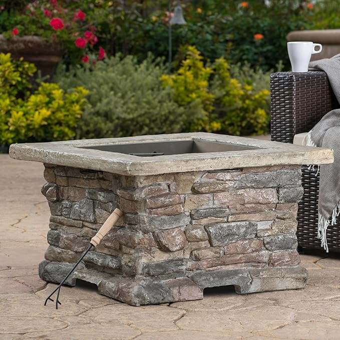Outdoor Fire Pit Table 28.5 Inch Wood Burning Fire Pit for Patio with Spark Screen Fire Poker MGO Square Fireplace for Camping Garden Backyard Bonfire Party Stone Gray