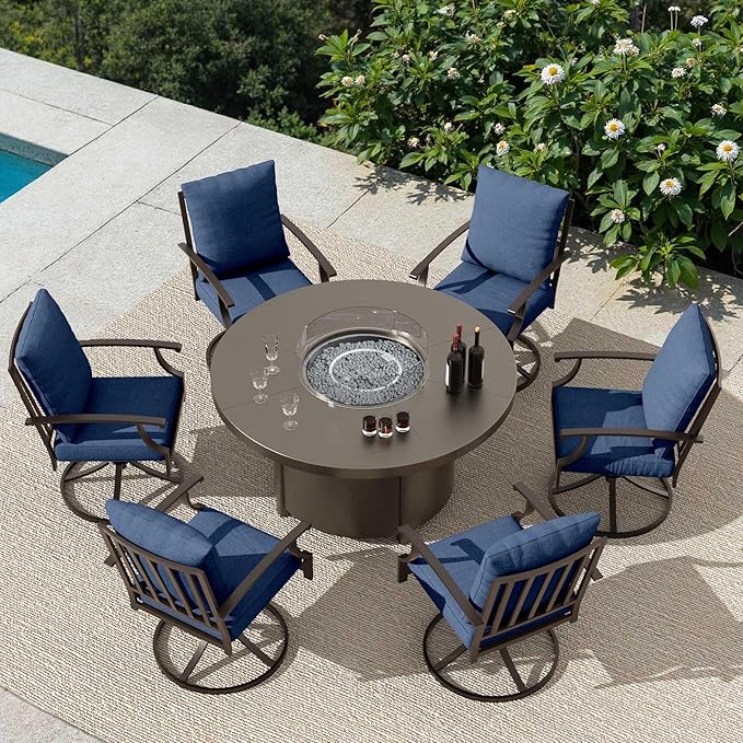 7 Piece Metal Outdoor Patio Furniture Set with 48/55000 BTU Round Fire Pit TableOutdoor Dining Table Set 6 Swivel Chairs No-Slip Cushions and Waterproof CoversNavy