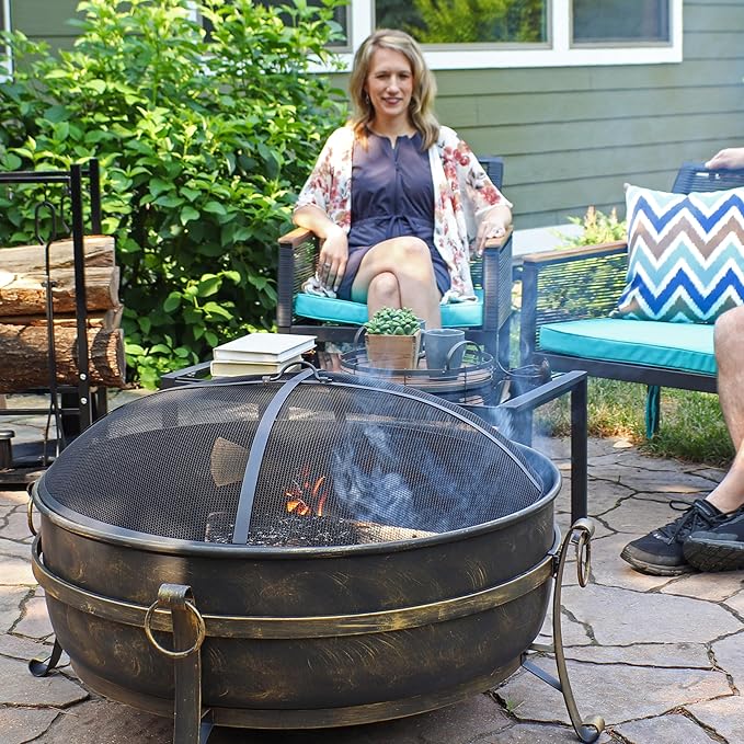 Sunnydaze 34-Inch Large Fire Pit for Outside - Wood-Burning Fire Pit Bowl for Outdoors with Spark Screen Log Poker and Grate