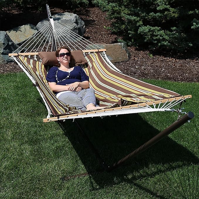 Sunnydaze Rope Hammock with Stand for Outside- 275-Pound Capacity - Includes 12-Foot Hammock Stand Spreader Bar Pad and Pillow - Desert Stripe