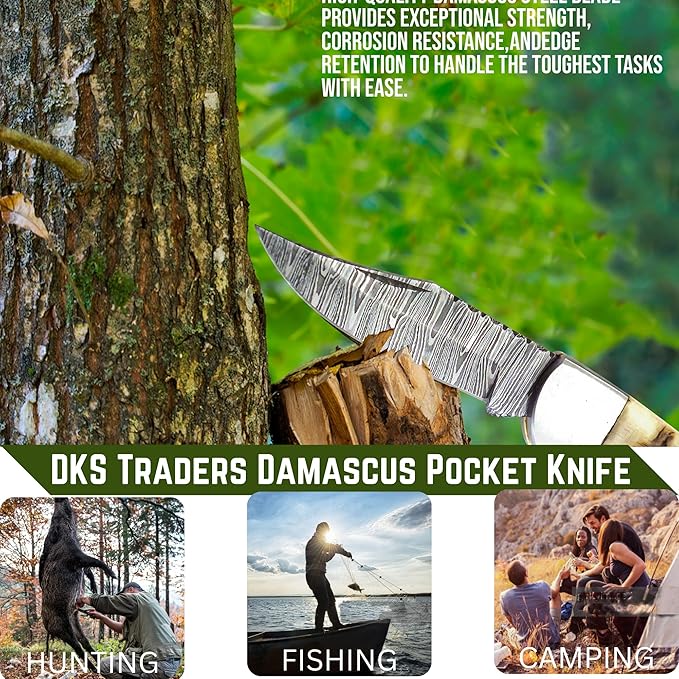 Damascus Pocket Knife for Men - 6.8 Sheep Antler Knife Handle- Pocket Knives &amp Folding Knives Back Lock Mechanism - Folding Pocket knife for Camping &amp Hiking - Christmas Gift for husband boy