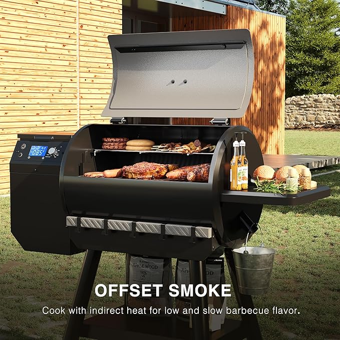 LCD Control Wood Pellet Smoker Grill 456 SQ. IN Cook Area Pellet Grill with Auto Feed &amp Leaking Waste 500°F Max Temperature 8 in 1 BBQ Grill with Meat Probe Side Table with Hooks(Black)