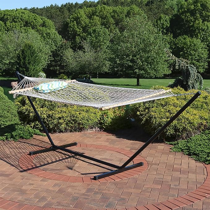 Sunnydaze Rope Hammock with Stand for Outside- 275-Pound Capacity - Includes 12-Foot Hammock Stand Spreader Bar Pad and Pillow - Blue and Green Chevron