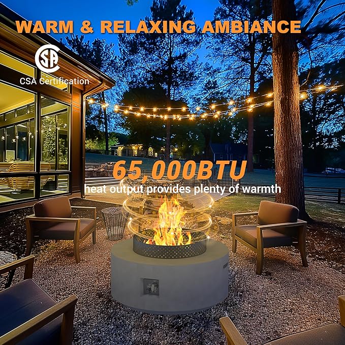 32 Inch Fire Pit Table 3-Piece Outdoor Propane Fire Pit Table 65000 BTU Round Gas Firepit Wind Guard 16 inches Tank Side Table and Baking Sheet for Garden Patio Grey
