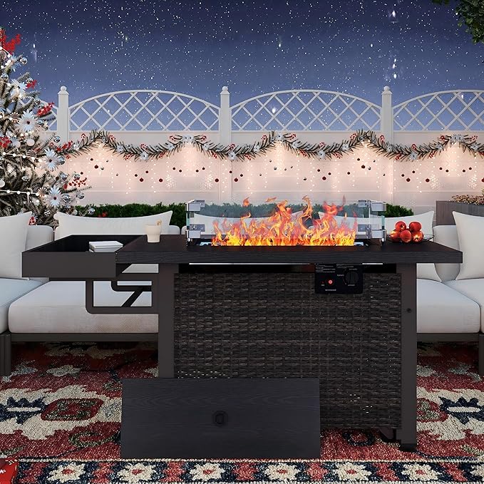 Sundale Outdoor 52 Inch Outdoor Fire Pit Table 50000 BTU Propane Fire Pits with Storage Shelf Glass Wind Guard and Lid Wicker Patio Gas Fire Pit for Outside Patio and Garden CSA-Listed(Brown)