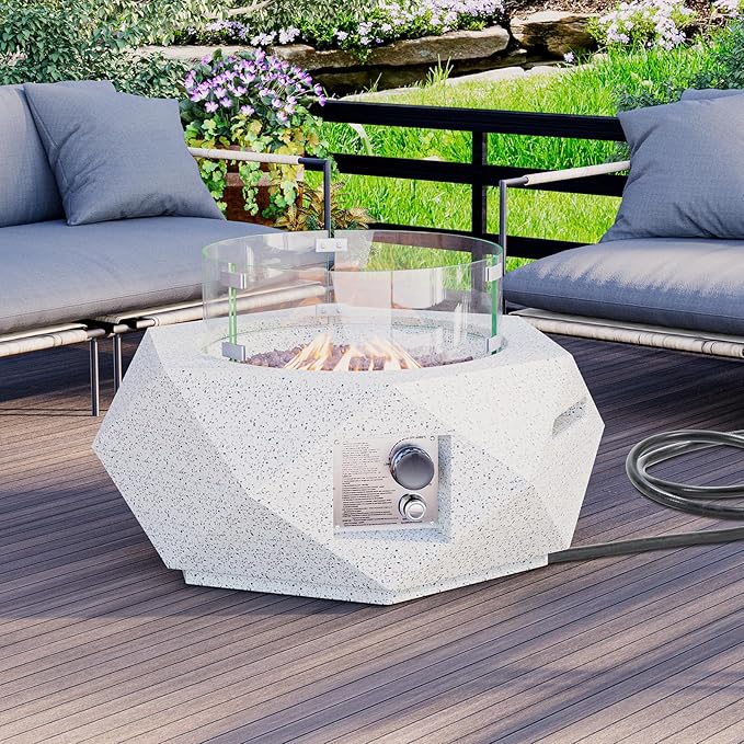 HOMPUS Hexagon Fire Pit Table Outdoor Propane Fire Pit Table w Free Lava Rocks &amp Rain Cover Terrazzo Colorful Fire Pit w Wind Guard for Patio Outside