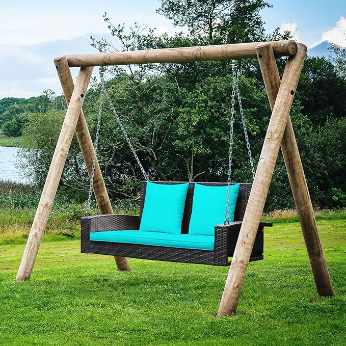 Tangkula 2-Person Wicker Hanging Porch Swing Patiojoy Outdoor Rattan Swing Bench W/ 2 Back Cushions &amp 1 Seat Cushion Sturdy Steel Chain 800lbs Weight Capacity Suitable for Deck Backyard Gard