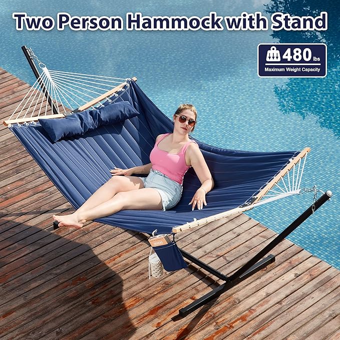 Homgava Two Person Hammock with Stand for Outside Heavy Duty Outdoor Patio Hammock with Portable Steel Stand Large Double Hammocks480lbs Capacity.(Dark Blue)