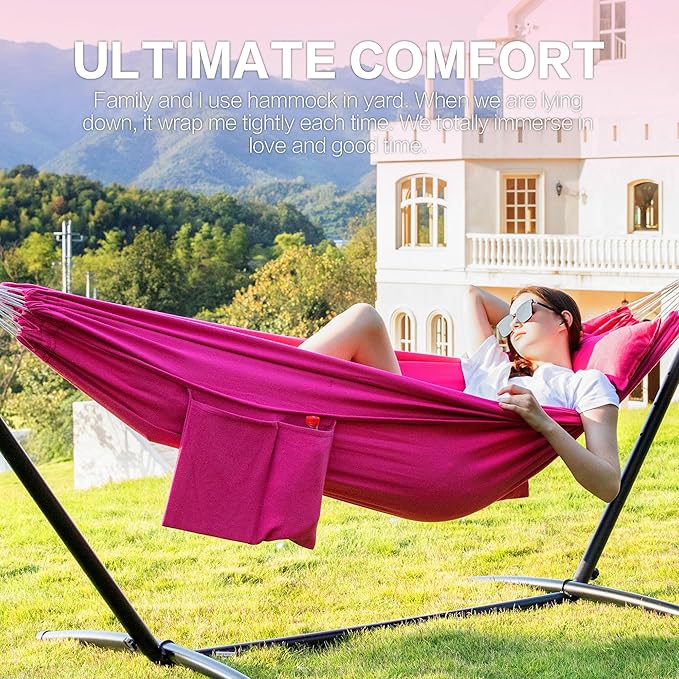 PNAEUT Double Hammocks with Stand for Outside Portable Space Saving Heavy-Duty Steel Stand for Indoor Outdoor Patio with Carrying Bag 450 lbs Capacity (Rose Pink)