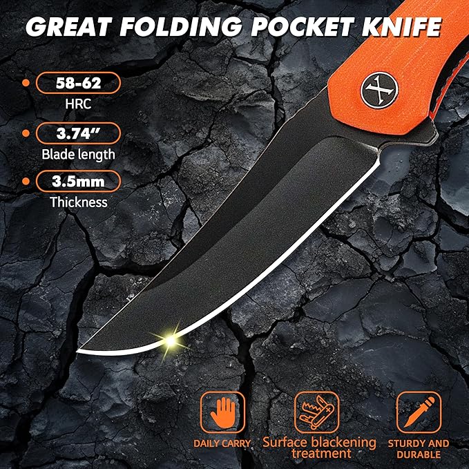 XIPHIAS Father's Day Mother's Day &amp Holiday Gifts for Him &amp Her - Orange Pocket Knife for Men Women | Premium Folding EDC Knife with D2 Blade G10 Handle One-Hand Open Gift Set