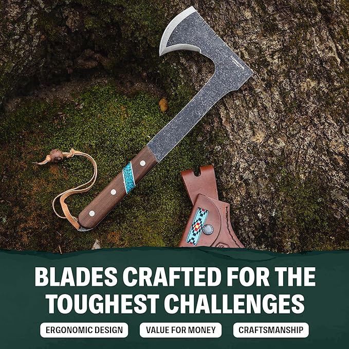 Condor Tool &amp Knife Blue River Tomahawk - Premium Tactical Tomahawk with 1095 High-Carbon Steel Blade - Ergonomic Walnut Handle with Turquoise Stone Inlay - Ideal for Bushcraft Camping &amp Surv
