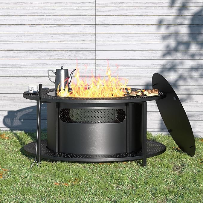 Kullavik 37 Inch Surround Tabletop with 25 Inch Outdoor Smokeless Fire PitStainless Steel Firepit with Weather Resistant CoverWood Burning Fire Pit for Outside