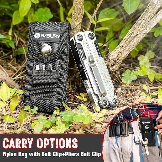 BIBURY Multitool Pliers BI2048B Stainless Steel Multi Tool with Upgraded Rope Cutter and Screwdrive Foldable Self-locking Multitools with Nylon Pouch Ideal for Camping Hiking Survival Repair