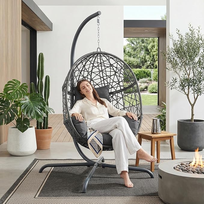 RADIATA Hanging Egg Chair with Stand Outdoor Swing Egg Chair with Thick Cushion Rattan Bird Cage Eggshell Basket Seat Patio Swinging Hammock Chair for Outside Backyard Dark Grey