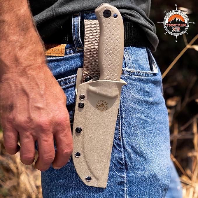 Off-Grid Knives - TRACKER-X3 Fixed Blade Knife Cryo D2 Blade Steel G10 Scales Kydex Sheath OG Lo-Pro Belt Attachment Camping Bushcraft Hunting Survival (Coyote)