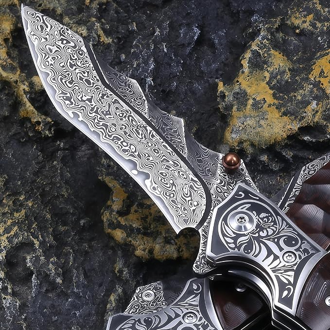 Damascus Steel Folding Knife Hunting Knives &amp Tools Personalized Engraving HRC 58-60 Damascus Hunting Knife with Leather Sheath Lightweight Outdoor Knife for Backpacking Men Gifts