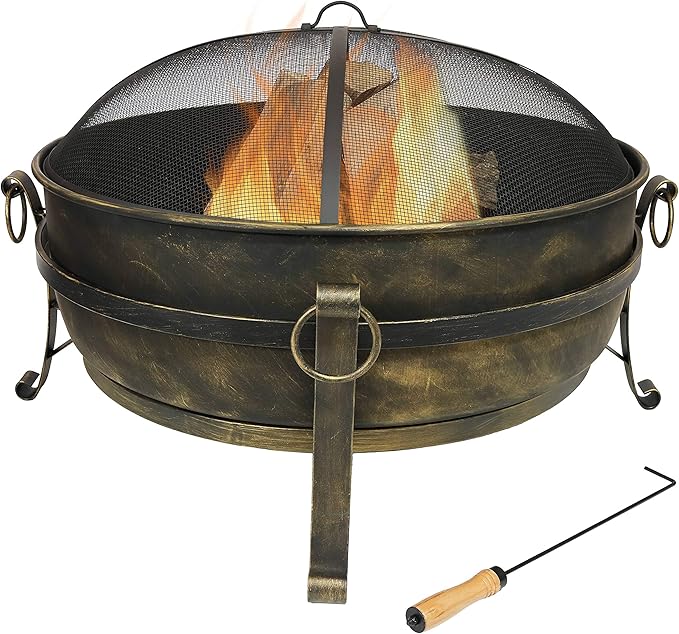 Sunnydaze 34-Inch Large Fire Pit for Outside - Wood-Burning Fire Pit Bowl for Outdoors with Spark Screen Log Poker and Grate