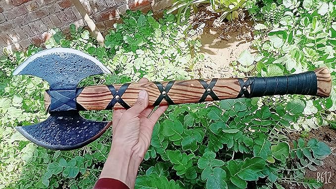 AXE013AM FS Crafts 24.00 Custom Handmade Double Blade Viking Axe Hand Forged Carbon Steel Hunting Axe Hatchet with Leather Sheath Gorgeous Wood Handle Outdoors Fishing Camping Knife