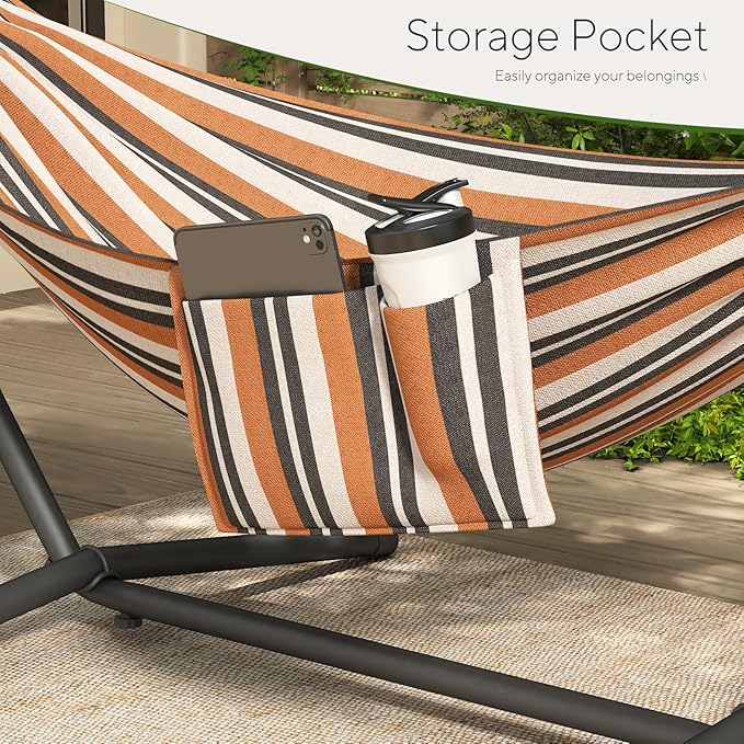 600lbs Hammock with Stand for Outside 2 Person Portable Hammock with Side Storage Carrying Bag Expend Wooden Bar for Outdoor or Indoor (Brown Black)