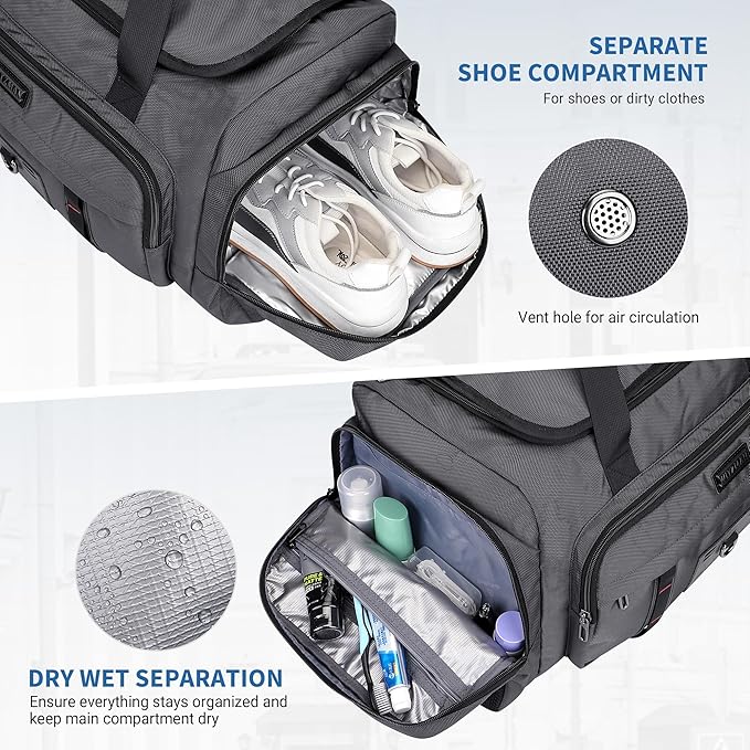 WITZMAN Duffle Bag for Men Large Overnight Carry On Weekender Bag with Shoe Compartment Sports Gym Duffle Bags for Traveling(B719 Silvery Grey)