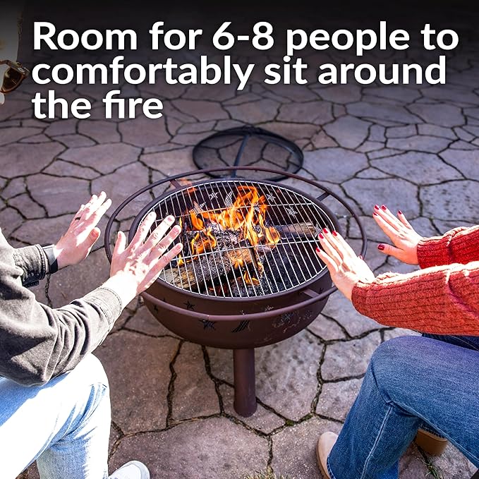 Sunnydaze Cosmic 30-Inch Patio Fire Pit for Outside - Outdoor Wood-Burning Fire Pit with Grill Grate Spark Screen and Fireplace Poker