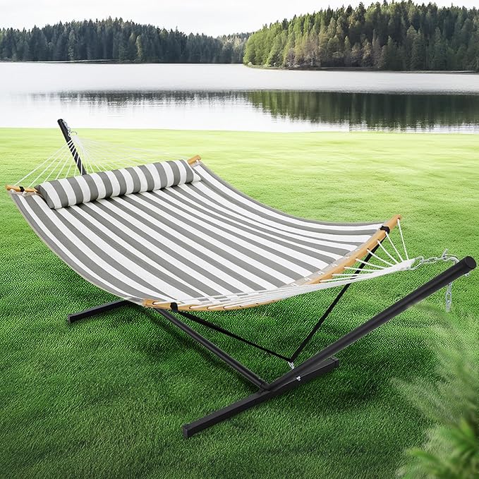 SUPERJARE Curved-Bar Hammock with Stand 2 Person Heavy Duty Hammock Frame Detachable Pillow &amp Portable Carrying Bag Perfect for Outdoor &amp Indoor Black and White Stripe