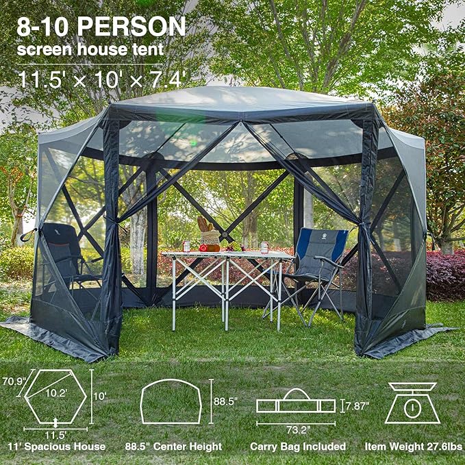 EVER ADVANCED Pop Up Gazebo Screen House Tent for Camping 11.5 ft for 8-10 Person Instant Canopy Shelter with Netting Portable for Outdoor Backyard