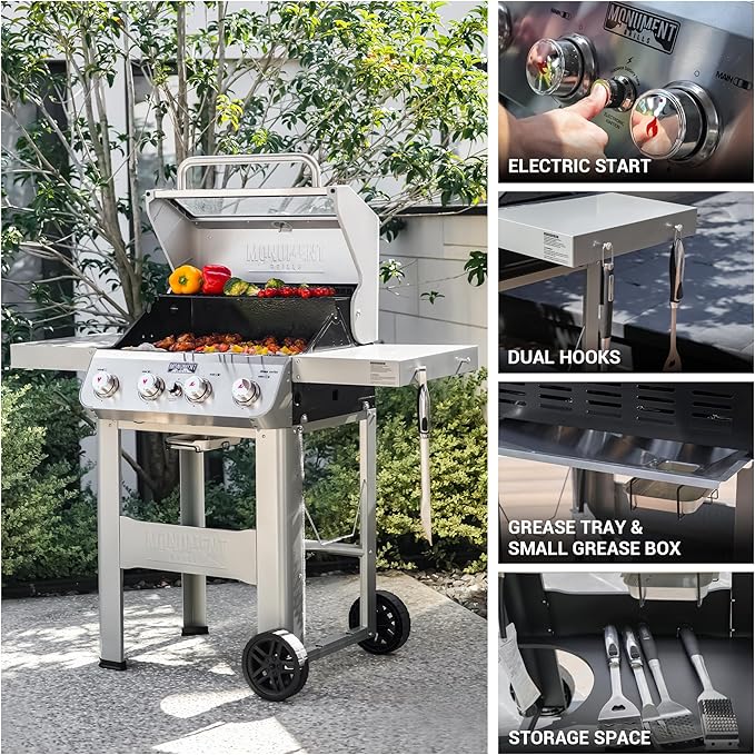 Monument Grills 4-Burner Liquid Propane Gas Grill Silver Stainless Steel Grill Outdoor Patio Garden Barbecue Grill with Clearview® Lid and One Foldable Shelf Mesa400MF