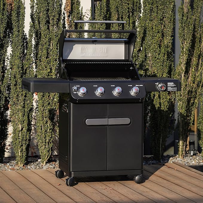 Monument Grills Outdoor Barbecue Stainless Steel 4 Burner Propane Gas Grill 52000 BTU Patio Garden Barbecue Grill with Side Burner and Knob Controls Mesa425 with BBQ Cover