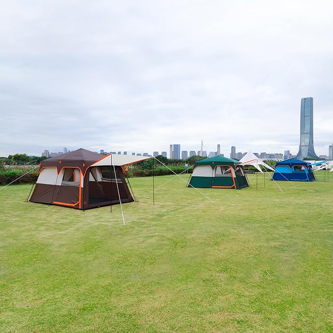 KTT Extra Large Tent 6-10-12-14 Person(A)Family Cabin Tents2 Rooms3 Doors and 3 Windows with MeshStraight WallWaterproofDouble LayerBig Tent for OutdoorPicnicCampingFamily Gathering