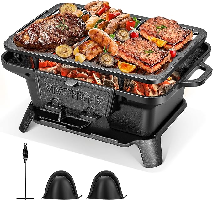 VIVOHOME Rectangle Cast Iron Charcoal Grill with Double-Sided Grate Portable Outdoor BBQ Grill Compact Tabletop Grill Stove (Note: The charcoal grid is made of stainless steel not cast iron)