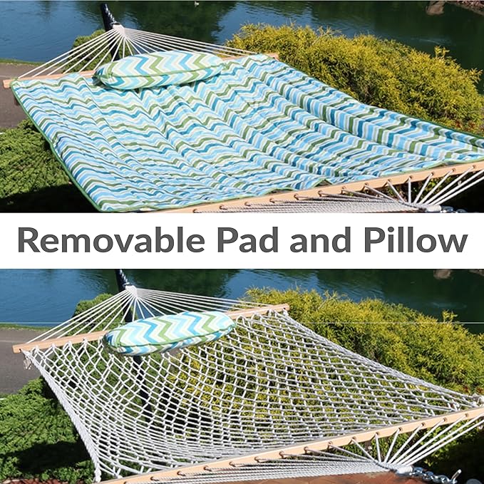 Sunnydaze Rope Hammock with Stand for Outside- 275-Pound Capacity - Includes 12-Foot Hammock Stand Spreader Bar Pad and Pillow - Blue and Green Chevron