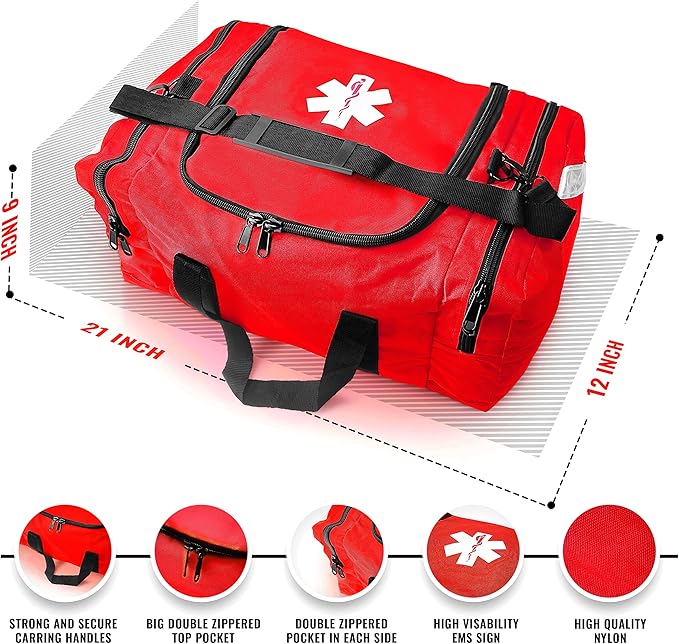 ASA TECHMED Large EMT First Responder Trauma Medical Bag Empty for Home 21x12x9 Inches Office School EMTs Paramedics First Responders Red