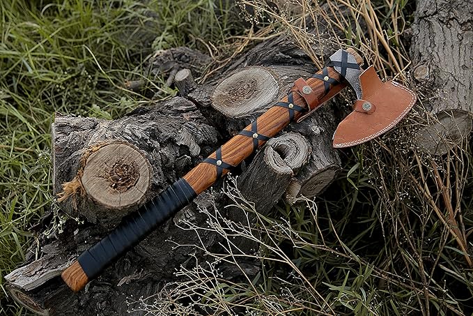 SHINY CRAFTS® Norse Viking Axe with Leather Sheath – Hand-Forged Bearded Hatchet Tomahawk Axe for Camping Survival Woodcutting Unique Gift for Him Husband Dad Groomsmen (SCAH-15)