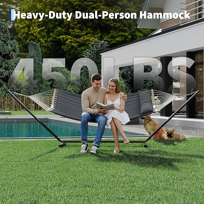 2 Person Outdoor Hammock with Stand 450LBS Capacity Heavy Duty Hammock with Carrying Bag &amp Soft Pillow Portable Indoor Outdoor Hammock Perfect for Backyard Patio Beach