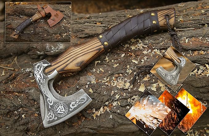 13” Inch Hand-Forged Viking Axe- Ash Wood Handle Hatchets and Axes with Leather Wrap Wood Splitting Axe Camping Axe Throwing Axes and Tomahawks - Gift for Him (Valknut)