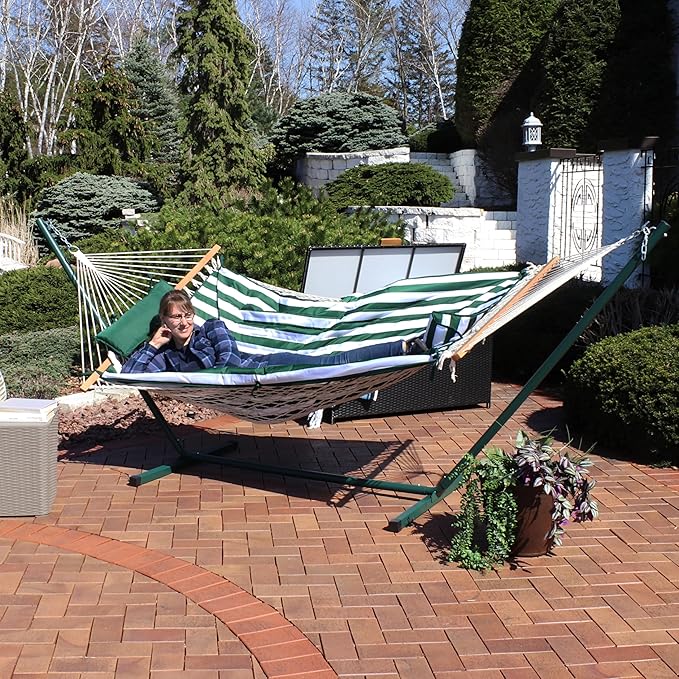 Sunnydaze Rope Hammock with Stand for Outside- 275-Pound Capacity - Includes 12-Foot Hammock Stand Spreader Bar Pad and Pillow - Green &amp White Stripe