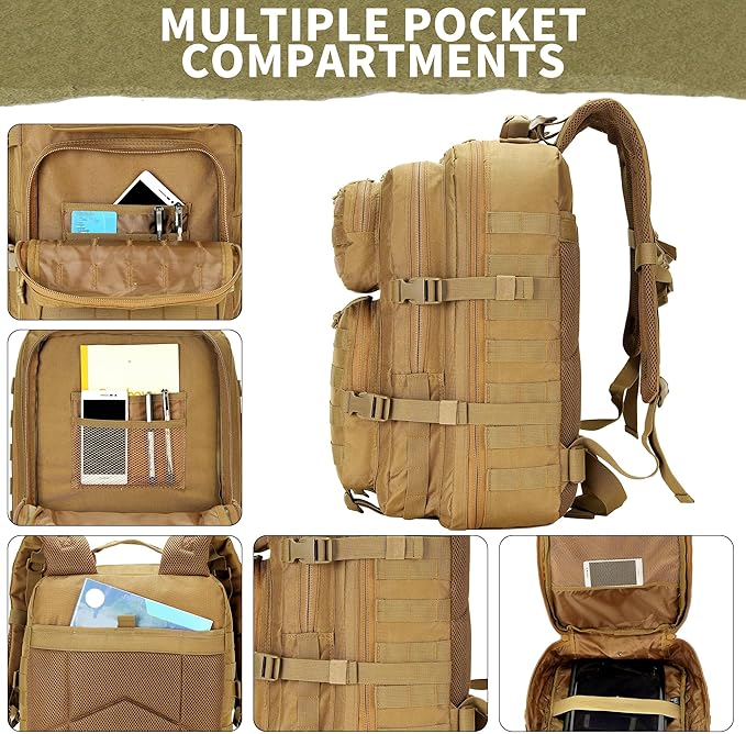 45L Military Tactical Backpacks 3 Days Assault Pack Bag Fitness Rucksack 3 Day Bug Out Bag Hiking Treeking Molle Daypack (Khaki)